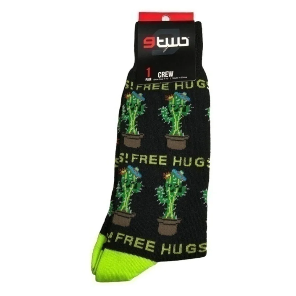 9two 1 Pair Mens Socks Free Hugs Cactus‎ Novelty Crew Socks Shoe Size 7 to 12